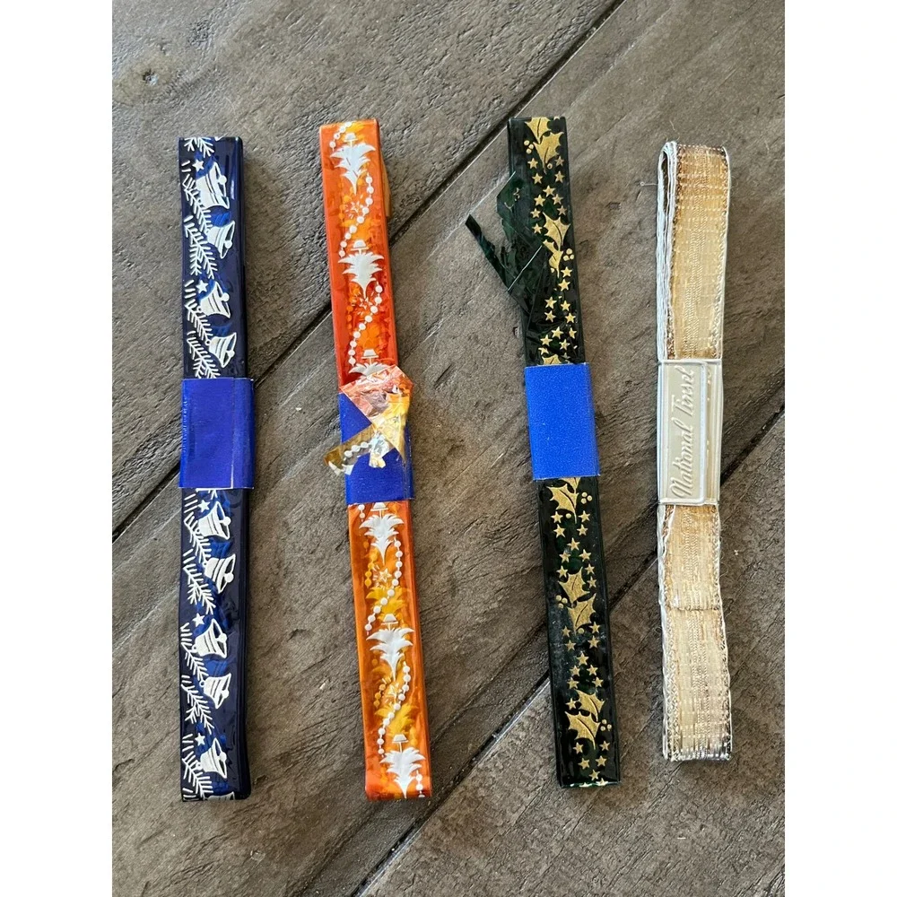 Vintage National Tinsel Christmas Ribbon Lot 4 Rolls Foil Woven Gold Blue Green